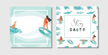 El çizimi egzotik yaz zamanı komik. Tarih kartlarını sörfçü kızlar, sörf tahtası ve köpekleri mavi okyanus dalgaları üzerinde kolleksiyon şablonundan kurtar.