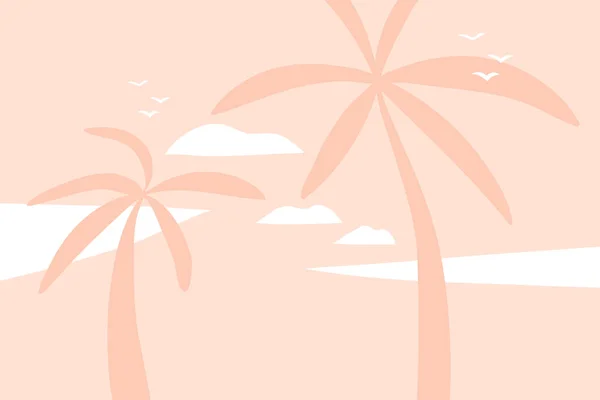 Hand drawn vector abstract stock flat graphic illustration with sundown view scene on the beach and palm trees isolated on pink pastel background — Stock Vector