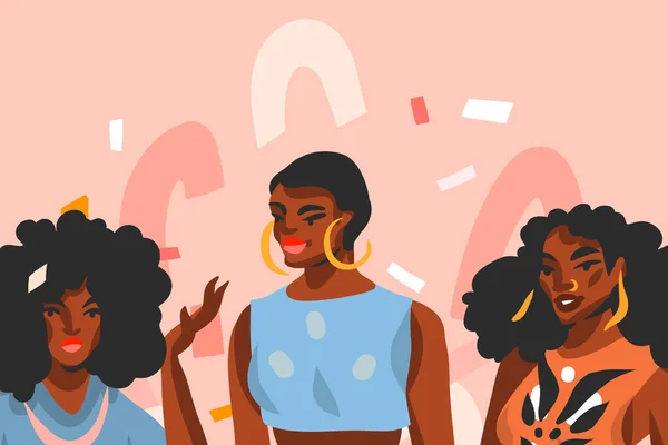 Handgetekende vector abstracte voorraad platte grafische illustratie met jonge, vrolijke zwarte afro-Amerikaanse schoonheid vrouwen vrienden groep geïsoleerd op roze pastel collage vorm achtergrond — Stockvector