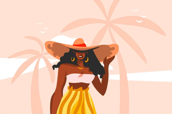손으로 그린 추상 벡터 플랫 그래픽 일러스트와 함께 젊고 행복 한 흑백 아메리카 미녀 수영복을 입은 미녀가 핑크 색 파스텔 배경에 고립된 해변에서 일몰 광경을 볼 수있다. — 스톡 벡터