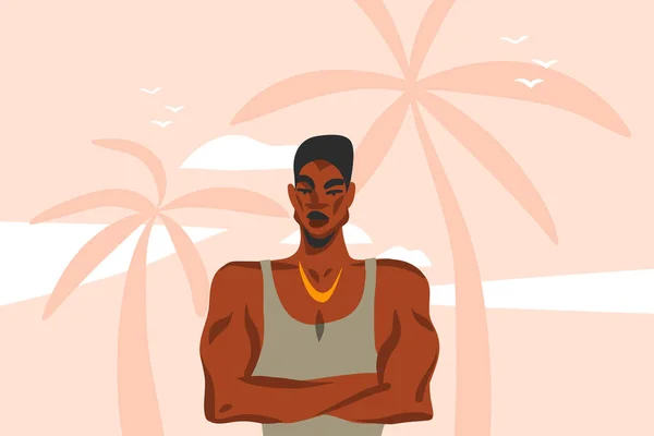 手绘矢量抽象种群图解与年轻快乐的非洲裔美国美容师，在棕榈树沙滩上的时尚装束与粉红粉刷背景隔离 — 图库矢量图片