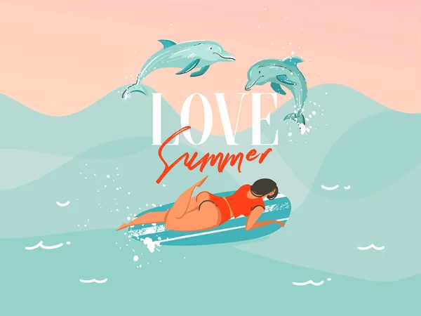 Estoque vetorial desenhado à mão ilustração gráfica abstrata com uma mulher surfista de maiô com golfinhos saltadores isolados no fundo azul da onda do oceano — Vetor de Stock