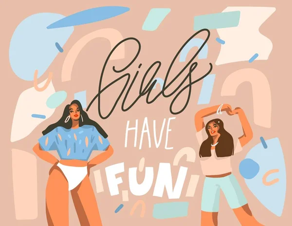 Ilustración gráfica plana abstracta vectorial dibujado a mano con jóvenes hembras positivas bailando felices con chicas diviértete, texto caligráfico escrito a mano aislado sobre fondo de collage pastel — Vector de stock