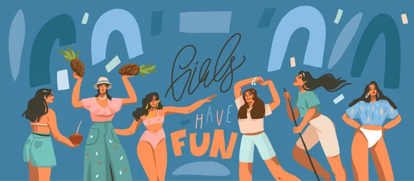 Handritad vektor abstrakt stock grafisk illustration med unga leende kvinnor dansar fest hemma och handskrivna bokstäver citat isolerad på blå collage bakgrund — Stock vektor