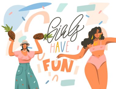 El çizimi, soyut düz grafik çizimi. Genç mutlu dans eden, kızlarla pozitif dans eden kadınlar. Pastel kolaj arka planına izole edilmiş el yazısıyla yazılmış eğlenceli yazı.