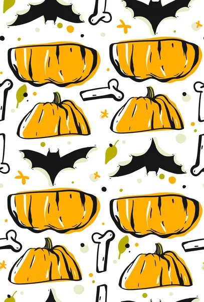 Handgezeichnete Vektor-abstrakte nahtlose Halloween-Muster mit Cartoon-Kürbis, Skelettknochen und Fledermaus isoliert auf weißem Hintergrund — Stockvektor