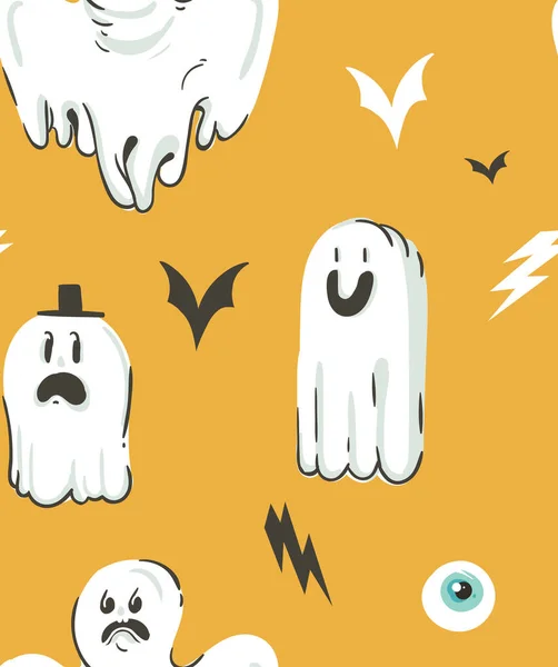 Hand drawn vector abstract cartoon Happy Halloween illustrations collection seamless pattern with different funny ghosts decoration elements isolated on orange background. — Stock Vector