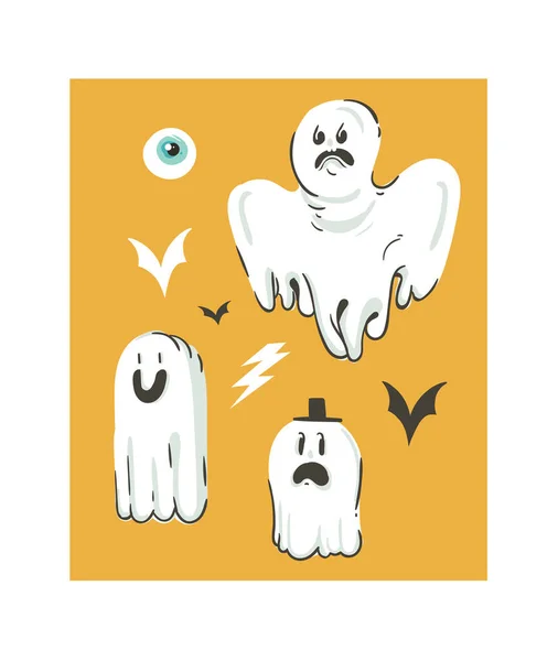 Desenhado à mão vetor abstrato cartoon Feliz Halloween ilustrações coleção conjunto com diferentes fantasmas engraçados elementos de decoração isolados no fundo laranja . —  Vetores de Stock
