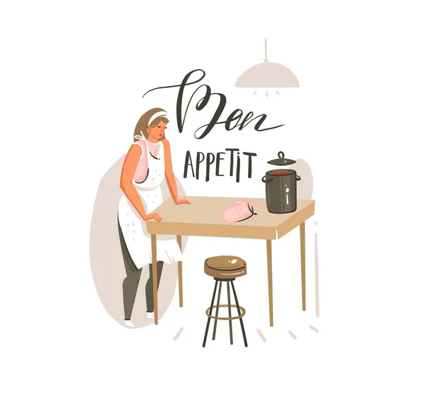 Handgetekende vector abstract moderne cartoon koken klasse illustraties poster met retro vintage koken vrouw en handgeschreven kalligrafie Bon Appetit geïsoleerd op witte achtergrond — Stockvector