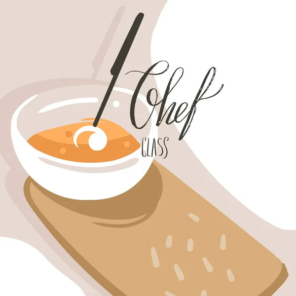 Χειροποίητο διάνυσμα αφηρημένη σύγχρονη εικονογράφηση τάξη μαγειρικής κινουμένων σχεδίων αφίσα με την προετοιμασία σκηνή τροφίμων, πιάτο σούπα κρέμα και σύγχρονη χειρόγραφη καλλιγραφία Chef τάξη απομονώνονται σε λευκό φόντο — Διανυσματικό Αρχείο