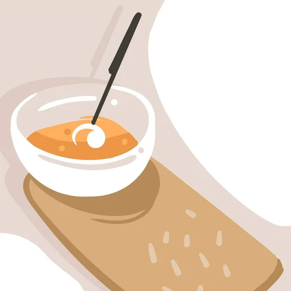 손으로 그린 추상 벡터 현대 만화 요리 교실 삽화 포스터와 음식 장면을 준비하는 모습, 흰 배경에 분리 된 크림 스프 접시 — 스톡 벡터
