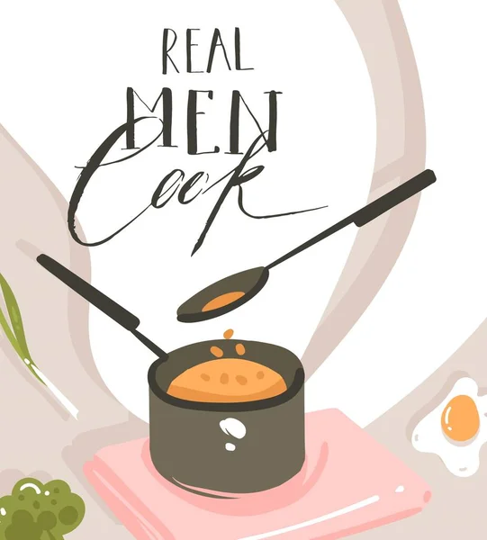Χειροποίητο διάνυσμα αφηρημένη σύγχρονη εικονογράφηση τάξη μαγειρικής κινουμένων σχεδίων αφίσα με την προετοιμασία σκηνή τροφίμων, κατσαρόλα, κουτάλι και χειρόγραφη καλλιγραφία κείμενο Real Men μάγειρας απομονώνονται σε λευκό φόντο — Διανυσματικό Αρχείο