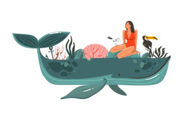 El çizimi vektör soyut karikatür yaz zamanı grafik deniz illüstrasyonları mavi okyanus dalgaları, büyük balina, mercan ve beyaz arka planda izole güzel kız