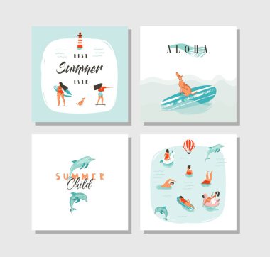 El çizimi vektör soyut karikatür yaz zamanı eğlence kartı koleksiyonu mavi okyanus suyunda mutlu yüzen insanların şablonu, kaykaylı köpek ve beyaz arka planda izole edilmiş tipografi alıntısı.