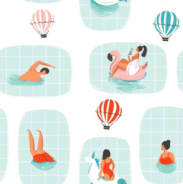 Ручной рисунок вектор абстрактный мультфильм летнее время забавная иллюстрация бесшовный узор с плаванием людей в бассейне с воздушными шарами на белом фоне — стоковый вектор