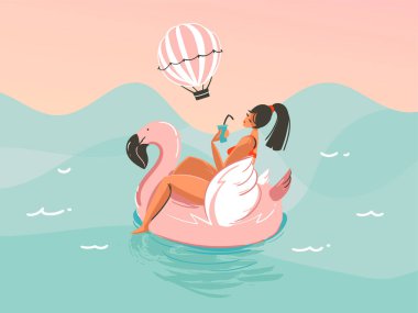 El çizimi vektör stoku soyut grafik çizimi. Üzerinde pembe flamingo kauçuk halkalı mayo giymiş bir kız okyanus dalgası arka planında yüzüyor.