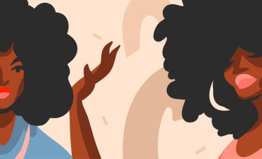 El çizimi vektör soyut düz stok grafik illüstrasyonu genç siyah afro amerikan güzellik kadınları ve fotokopi alanı yer renk kolajı arka plan izole.