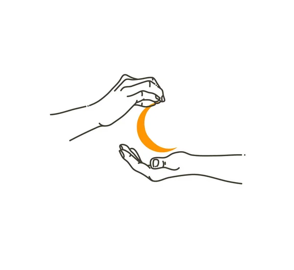 Dibujado a mano vector abstracto stock plana ilustración gráfica con elementos de logotipo, mujer magia línea arte mano toque luna en estilo simple para la marca, aislado sobre fondo blanco — Archivo Imágenes Vectoriales