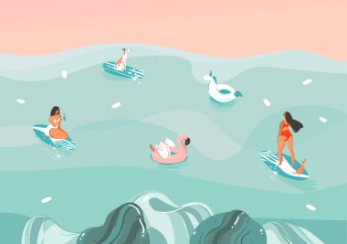 El çizimi vektör stoku soyut grafik çizimi. Okyanus dalgaları manzarasında güneşlenen aile bireyleri grubu. Renkli arka planda izole edilmiş yüzme ve sörf.