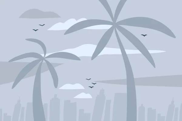 Ручной рисунок вектор абстрактный фондовый плоская графическая иллюстрация с видом на город сцены на пляже и пальмы изолированы на голубом сером пастельном фоне — стоковый вектор