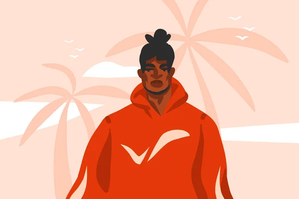 Χειροποίητο διάνυσμα αφηρημένη εικονογράφηση αρχείου με νεαρό ευτυχισμένο μαύρο αφρικανικό american beauty man, στο fashion outfit on palm tree beach scene που απομονώνεται σε ροζ παστέλ φόντο — Διανυσματικό Αρχείο