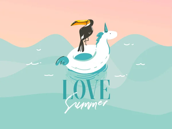 Illustration graphique abstraite avec une licorne nageant, anneaux flottants en caoutchouc dans les vagues océaniques paysage et Love Summer typographie citation isolé sur fond bleu — Image vectorielle