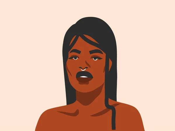 Χειροποίητο διάνυσμα αφηρημένο απόθεμα επίπεδη γραφική απεικόνιση με εθνοτική φυλή μαύρο όμορφη Αφροαμερικανή γυναίκα και χρυσή πλήρες φεγγαρόφωτο απλό στυλ, απομονώνονται σε λευκό φόντο — Διανυσματικό Αρχείο