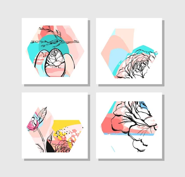 Vecteur dessiné à la main abstrait créatif inhabituel moderne hexagone forme cartes collection ensemble avec des fleurs et des motifs de printemps collage isolé sur fond blanc — Image vectorielle