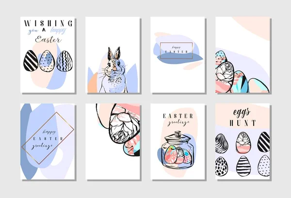 Conjunto de tarjetas de felicitación e invitación Feliz Pascua. Blanco lindo conejito de Pascua asomándose por un agujero, cinta, huevos, inscripción en el medio. Perfecto para regalos y regalos. Ilustración vectorial. — Archivo Imágenes Vectoriales