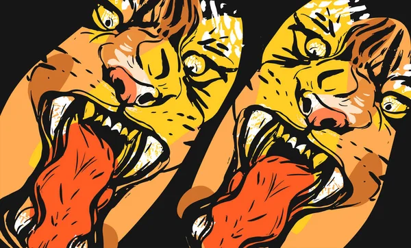 Χειροποίητο διανυσματικό αφηρημένο γραφικό freehand ανάγλυφο σκίτσο μελάνι σχέδιο των προσώπων τίγρεις σε πορτοκαλί χρώμα κολάζ απομονώνονται σε μαύρο φόντο — Διανυσματικό Αρχείο