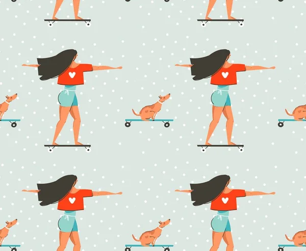 Handgetekende vector cartoon tekening zomer tijd leuk naadloos patroon illustratie met jong meisje rijden op longboard en hond op skateboard geïsoleerd op blauwe achtergrond — Stockvector