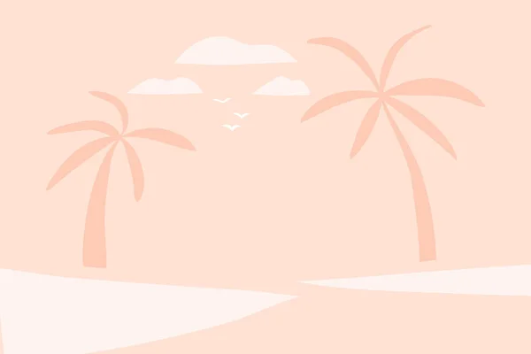 Handgetekende vector abstracte voorraad platte grafische illustratie met zonsondergang uitzicht scène op het strand en palmbomen geïsoleerd op roze pastel achtergrond — Stockvector