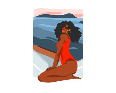 El çizimi vektör soyut düz grafik çizimi, beyaz arka planda izole günbatımı plaj sahnesinde oturan mutlu siyah afro-amerikan güzel kadın.