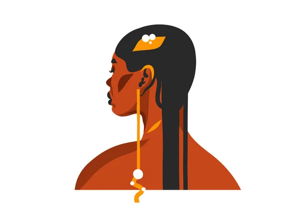 手描きベクトル抽象ストックフラットグラフィックイラスト民族部族の美しい多様なアフリカ系アメリカ人女性とシンプルなスタイルで黄金の宝石、白の背景に隔離された — ストックベクタ