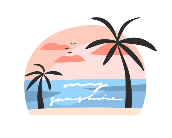 Handgetekende vector abstracte voorraad platte grafische illustratie met zonsondergang strand scène en palmbomen geïsoleerd op witte achtergrond — Stockvector