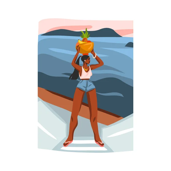 手绘矢量抽象种群平面图解与年轻快乐的非洲裔美国美女，在日落海滩上身着泳衣隔离在白色背景下 — 图库矢量图片