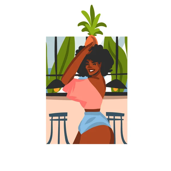 Handgetekende vector abstracte voorraad grafische illustratie met jonge gelukkig zwart afro-Amerikaanse schoonheid vrouw, en ananas fruit op zijn hoofd in het strand cafe scène geïsoleerd op witte achtergrond — Stockvector