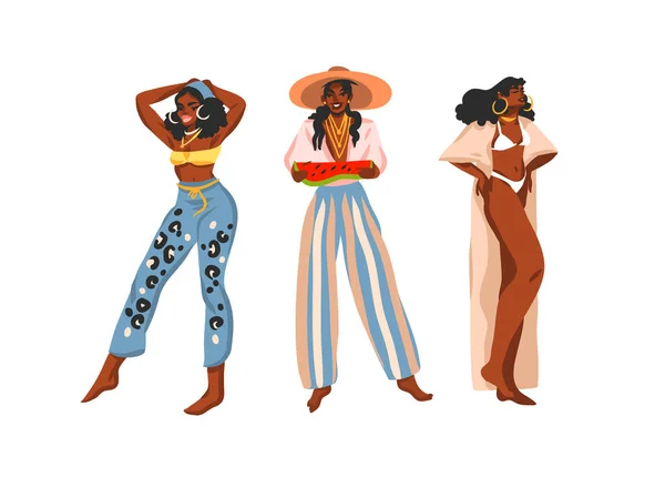 Hand drawn flat vector abstract stock graphic illustration collection set with young happy positive black african american, beauty females in summer outfits isolated on white background — Stock Vector