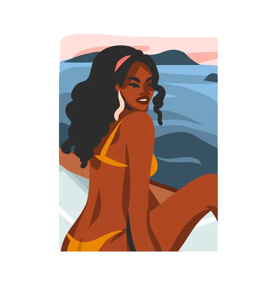 Handgezeichnete Vektor abstrakt Stock flache grafische Illustration mit jungen glücklichen schwarzen afroamerikanischen Schönheit weiblich, im Badeanzug bei Sonnenuntergang Ansicht Szene isoliert auf weißem Hintergrund — Stockvektor