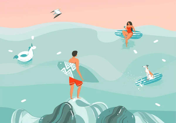 El çizimi vektör stoku soyut grafik çizimi. Okyanus dalgaları manzarasında güneşlenen aile bireyleri grubu. Renkli arka planda izole edilmiş yüzme ve sörf. — Stok Vektör