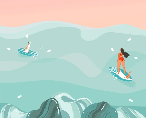 Illustration graphique abstraite avec un drôle de groupe de gens de famille bronzant dans les vagues de l'océan paysage, natation et surf isolé sur fond de couleur — Image vectorielle