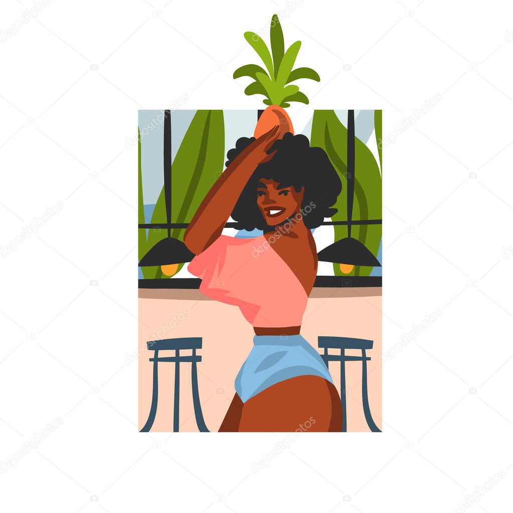 Hand drawn vector abstract stock graphic illustration with young happy black afro american beauty female, and pineapple fruit on his head in beach cafe scene isolated on white background