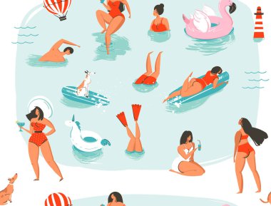 El çizimi vektör soyut karikatür yaz zamanı eğlenceli yüzme insanları mavi okyanus dalgaları arka planında izole edilmiş kusursuz desenler koleksiyonu