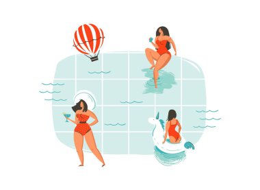El çizimi vektör soyut karikatür yaz zamanı eğlenceli yüzen genç kızlar grup resimleri mavi yüzme havuzu dalgaları arka planında izole edilmiş.