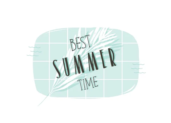 Handgezeichnete Vektor abstrakte Sommerzeit Spaß Illustration mit Draufsicht Schwimmbad, tropische Palmblätter und moderne Typografie Zitat beste Sommerzeit isoliert auf weißem Hintergrund — Stockvektor