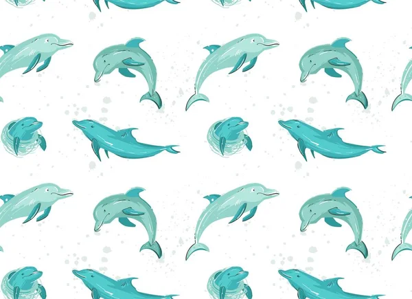 Hand dras vektor tecknad sommar tid sömlös mönster med hoppande delfiner i blå färger isolerad på vit bakgrund. — Stock vektor