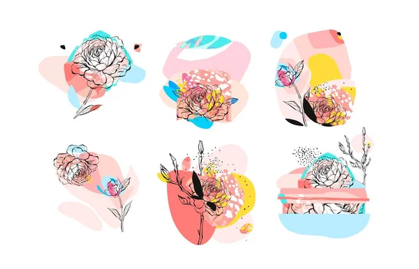 Vettore disegnato a mano astratto testurizzato trendy creativo universale collage collezione elementi set con motivi di fiori di peonia isolati su sfondo bianco con diverse texture e forme. — Vettoriale Stock
