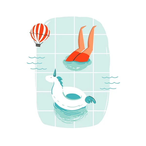 Mão desenhado vetor abstrato desenho animado horário de verão diversão desenho animado ilustração com pessoas nadando na piscina com balões de ar quente isolado no fundo branco. — Vetor de Stock