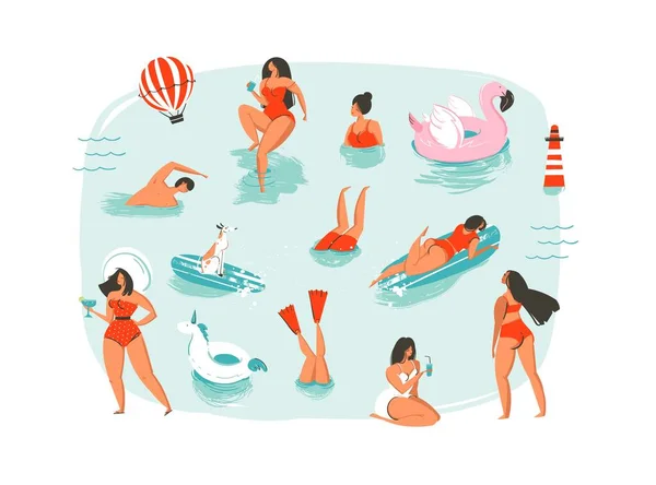 Handgezeichnet Vektor abstrakt cartoon Sommerzeit Spaß Schwimmen Menschen Gruppe Sammlung Illustrationen setzen isoliert auf blauen Ozean Wellen — Stockvektor
