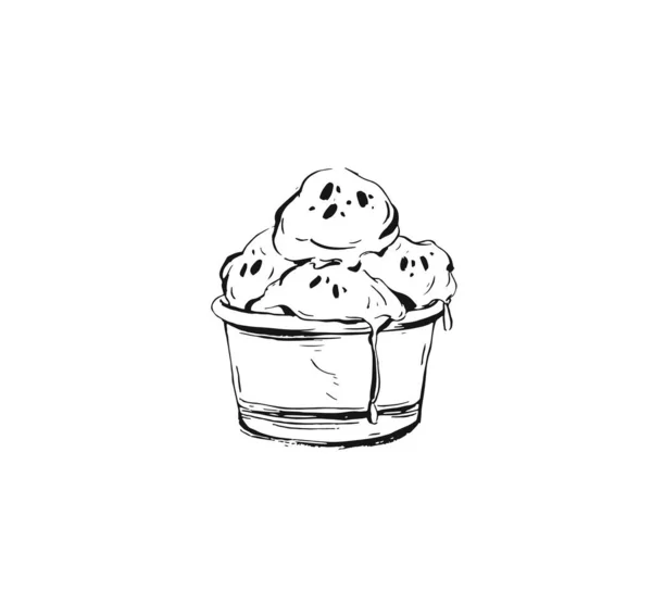 Dibujado a mano vector de tinta abstracta dibujo gráfico icono de la ilustración con bolas de helado en taza aislada sobre fondo blanco — Archivo Imágenes Vectoriales